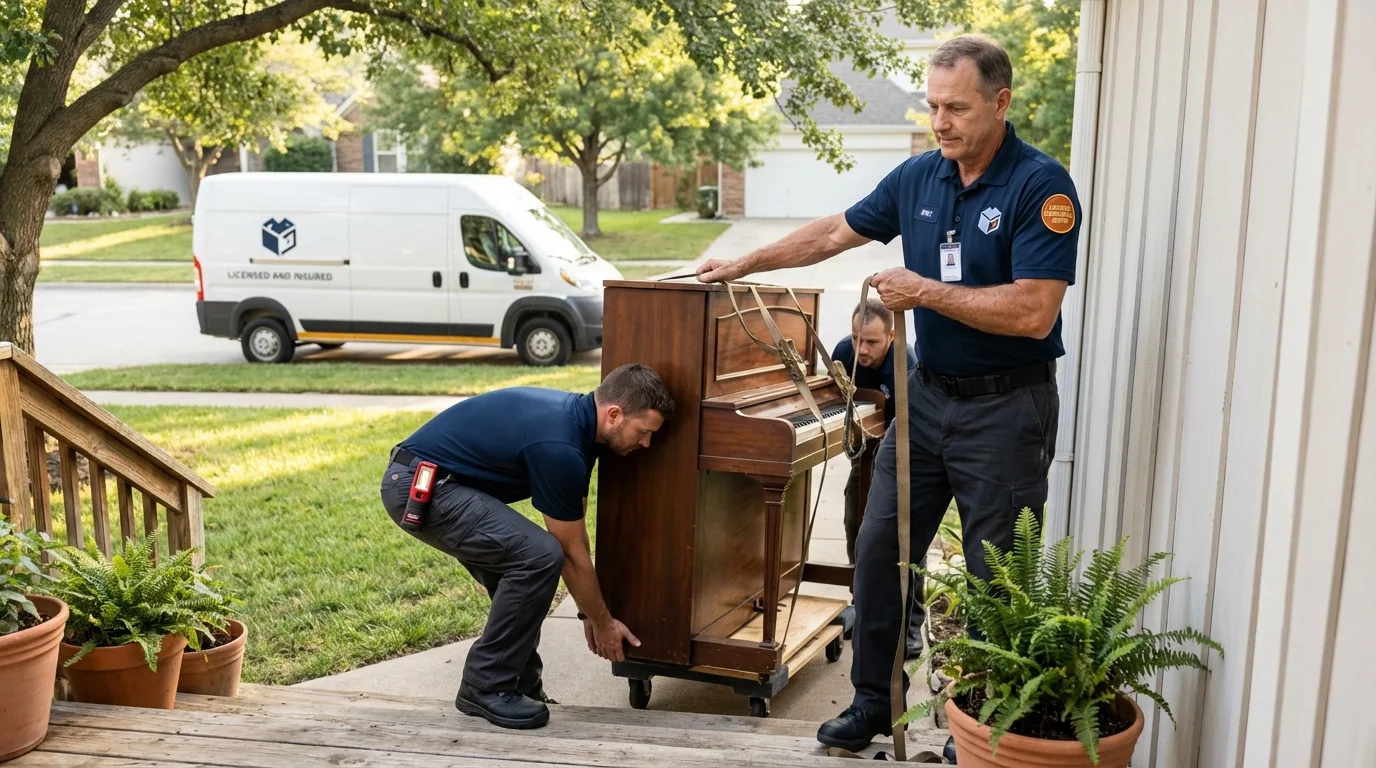 Licensed piano movers securing grand piano in Tularosa, NM