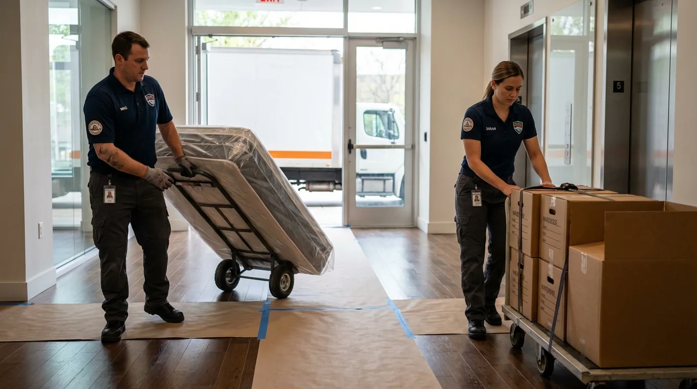 Professional apartment movers loading elevator in Tularosa, NM