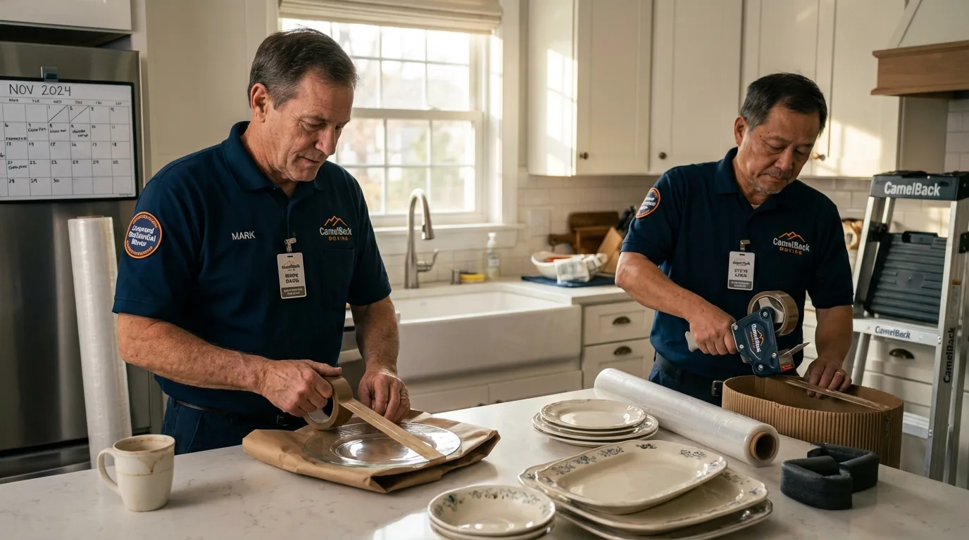 Professional crew packing kitchen dishware in Tularosa, NM